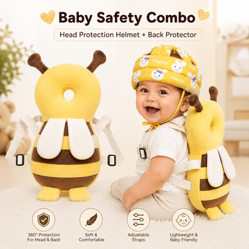 Baby Safety Combo – Bee Head Protection Helmet & Bee Back Protector Pillow for Crawling & Walking Babies | Adjustable, Lightweight & Soft